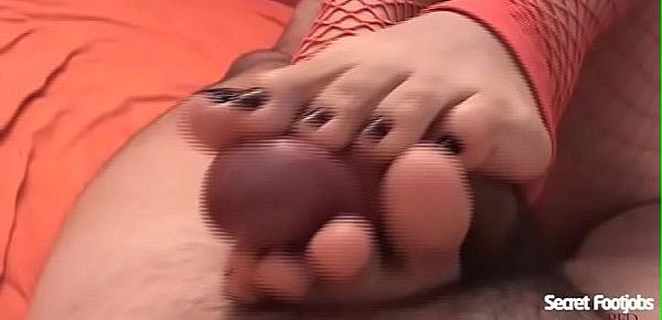  Andrea gives me fishnet socks footjob and makes me huge cum on her feet! Your big toes tighten my dick hard!